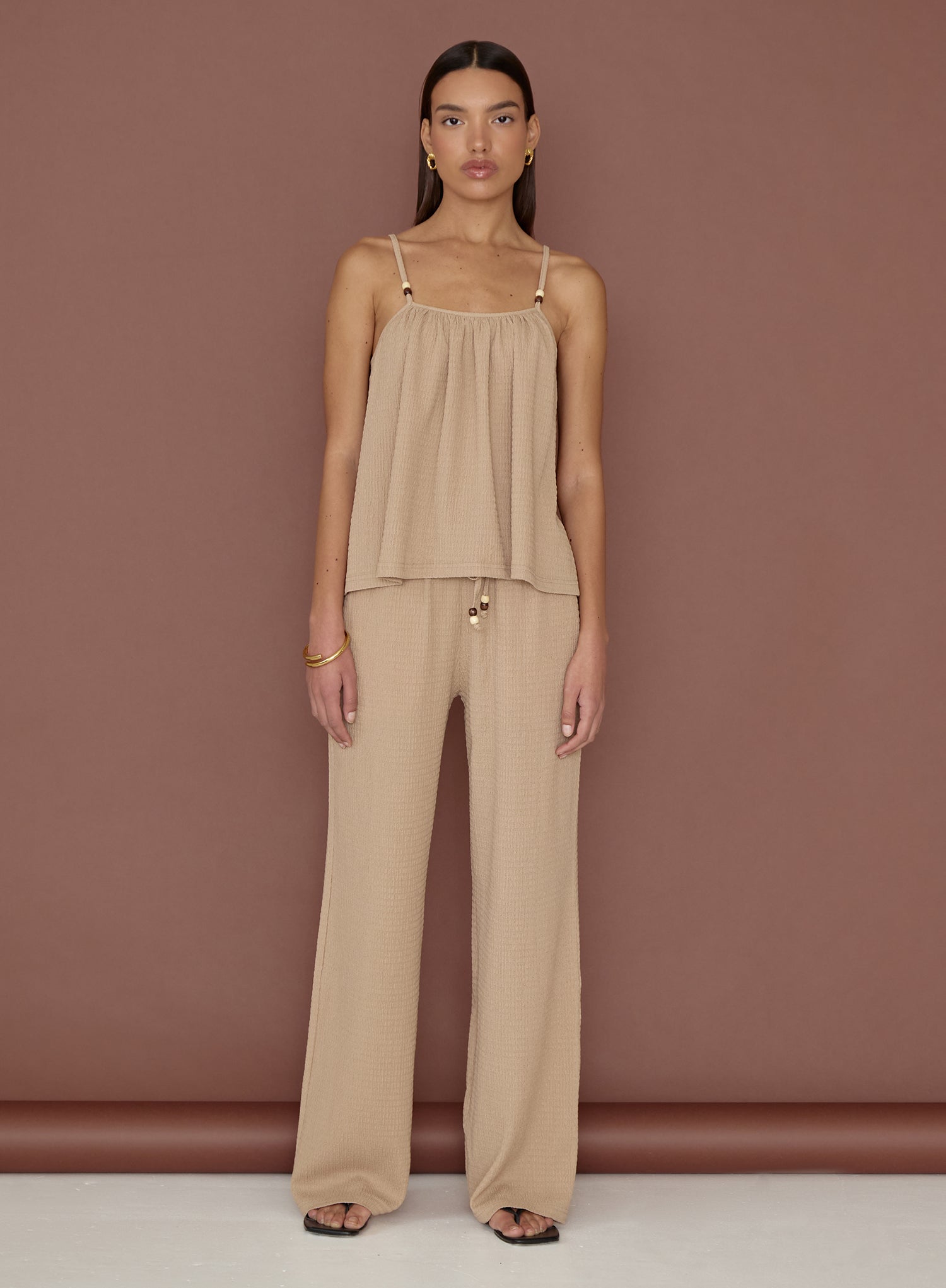 Camel Textured Wide Leg Trouser